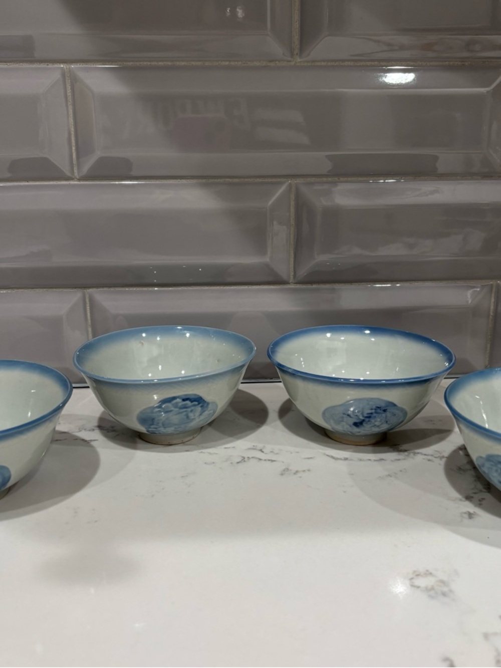 Vintage Chinese Blue & Gray  Porcelain Bowls w/4 Different Scenes Rice/Tea Bowls